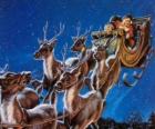 Ο μαγικός τάρανδος τράβηγμα έλκηθρο του Αϊ-Βασίλη για την νύχτα των Χριστουγέννων
